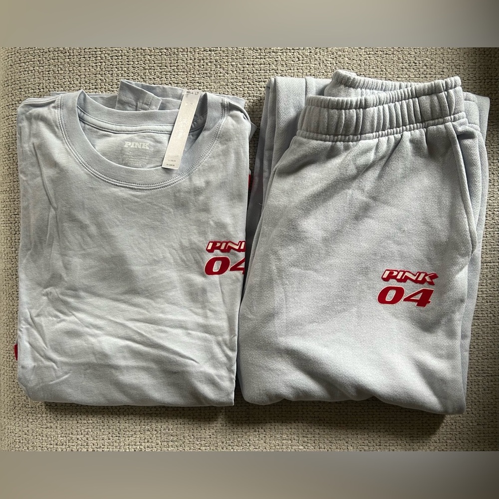 VS Pink Cotton Long Sleeve Hockey Shirt & Sweat Pants Set-Hydrangea Blue Sz.M🩵❤️